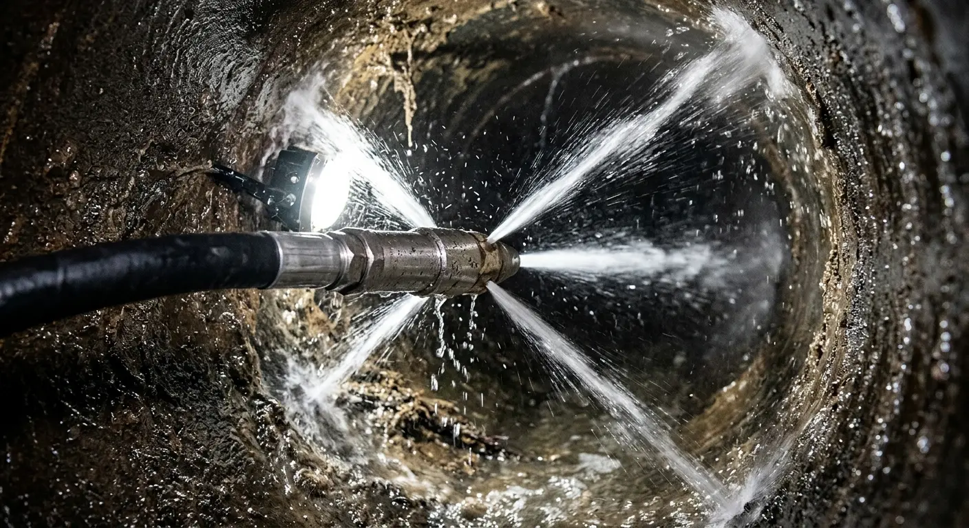 High-pressure hydro jetting nozzle cleaning sewer pipe for Emergency Drain Service in Iron Mountain