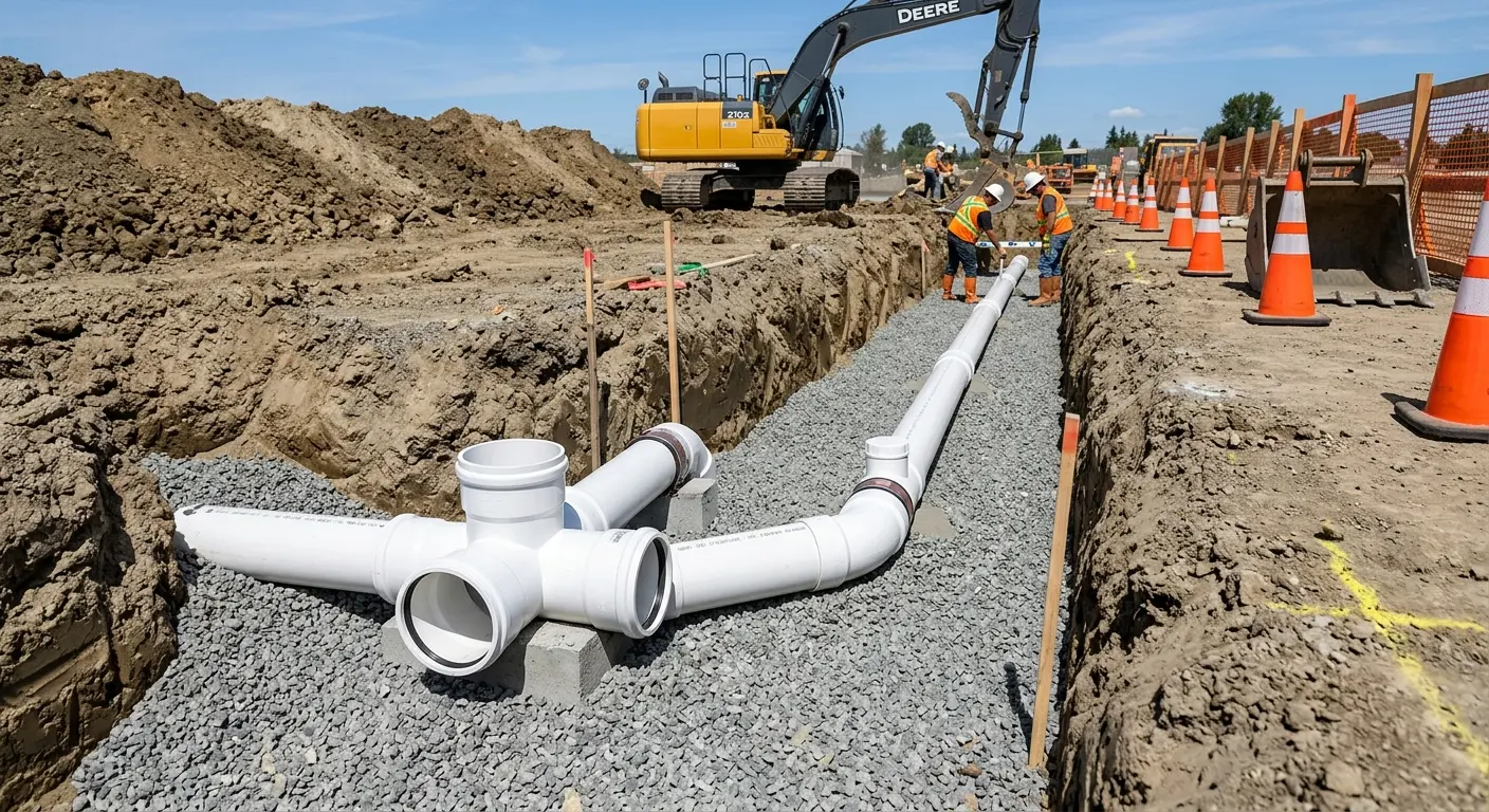 New PVC sewer pipe installation in open trench for Sewer Backup in Iron Mountain